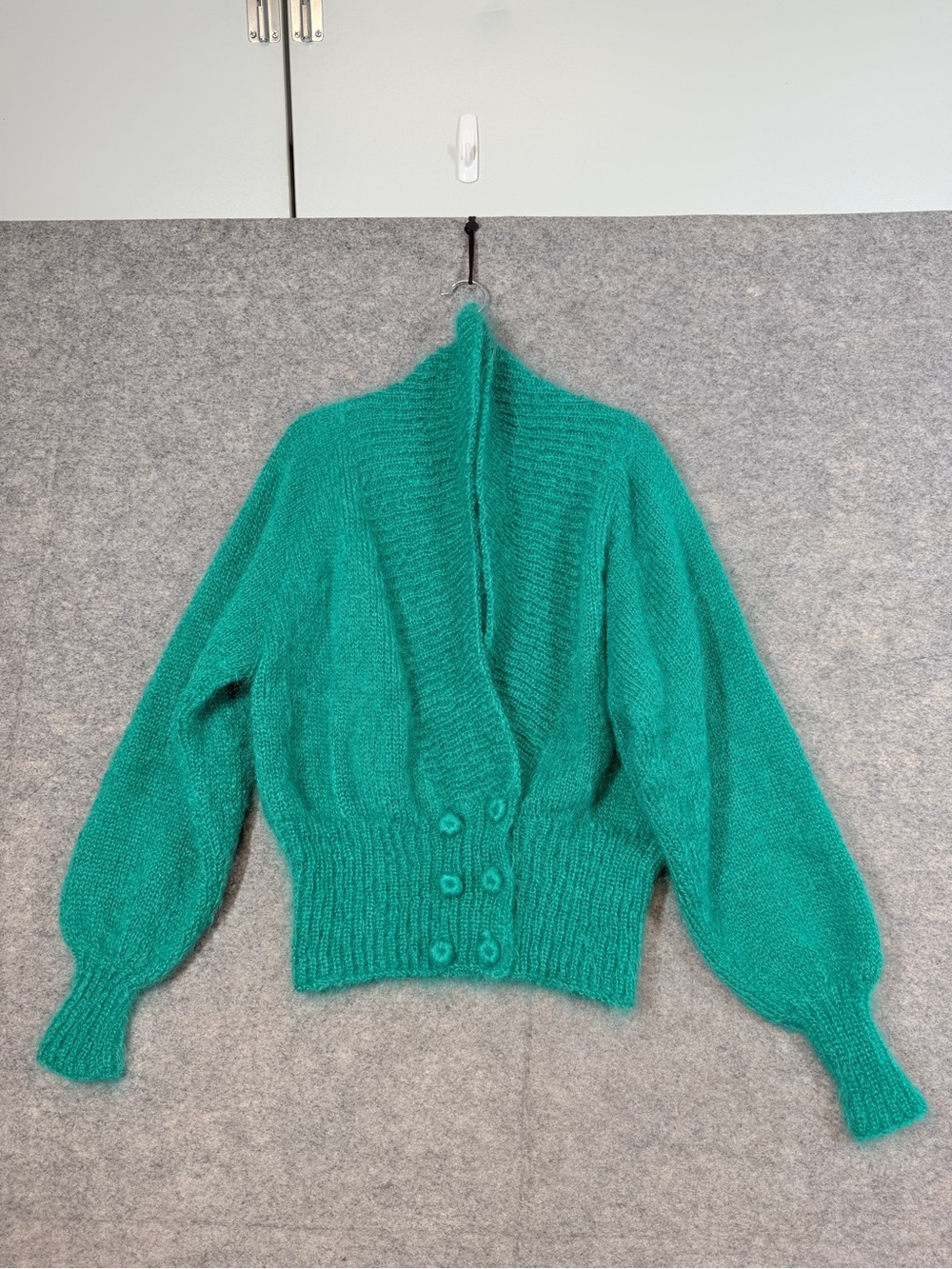 Vintage Teal Button Front Mohair Blend Sweater Cardigan Balloon Sleeve Knit